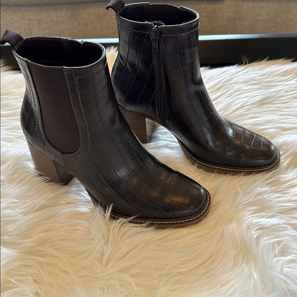 White Mountain Chocolate Croc-Embossed Ankle Boots